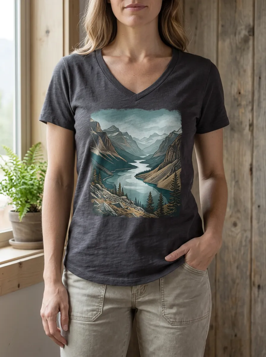 Women's Scenic Nature Lover Mountain River V-Neck T-Shirt