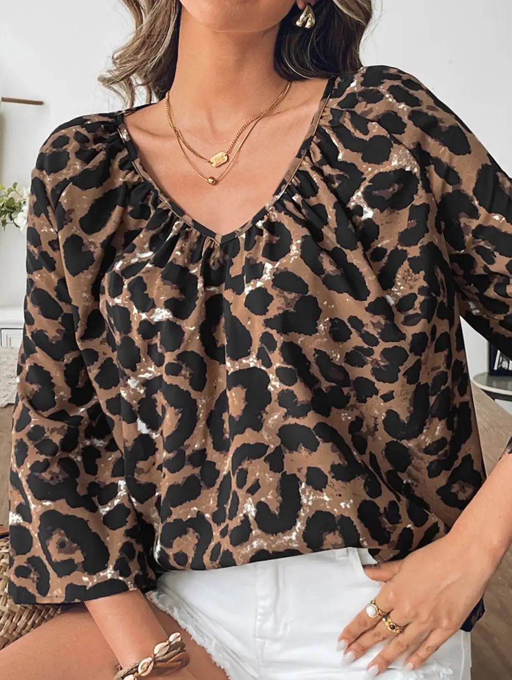 Leopard V Neck Short Sleeve Shirt