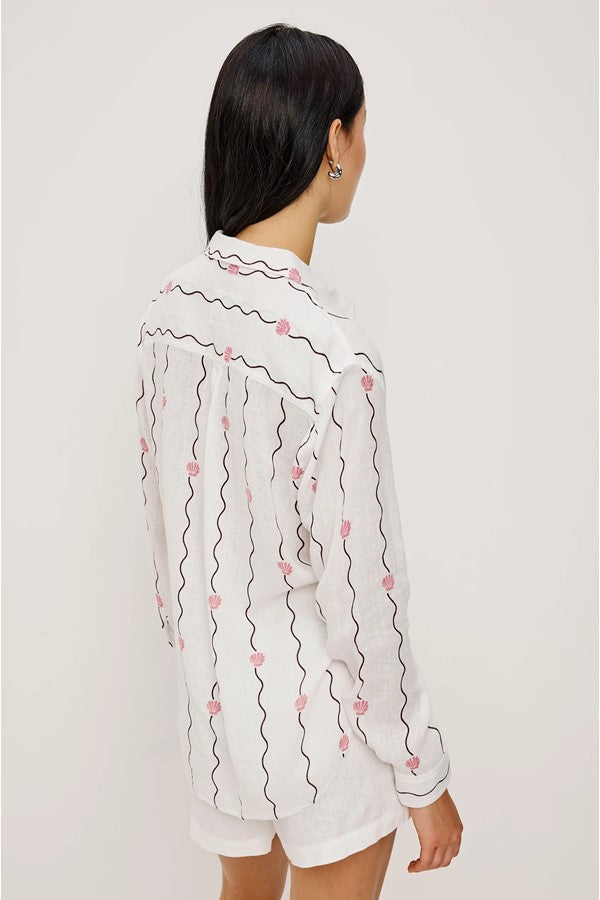 White Striped Seashell Print Shirt