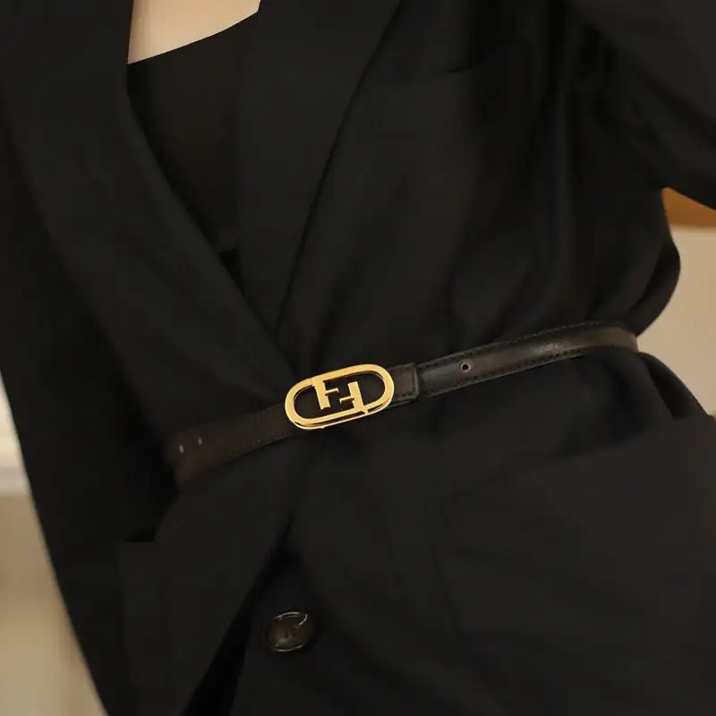 Elastic Leather Belt with Golden Buckle