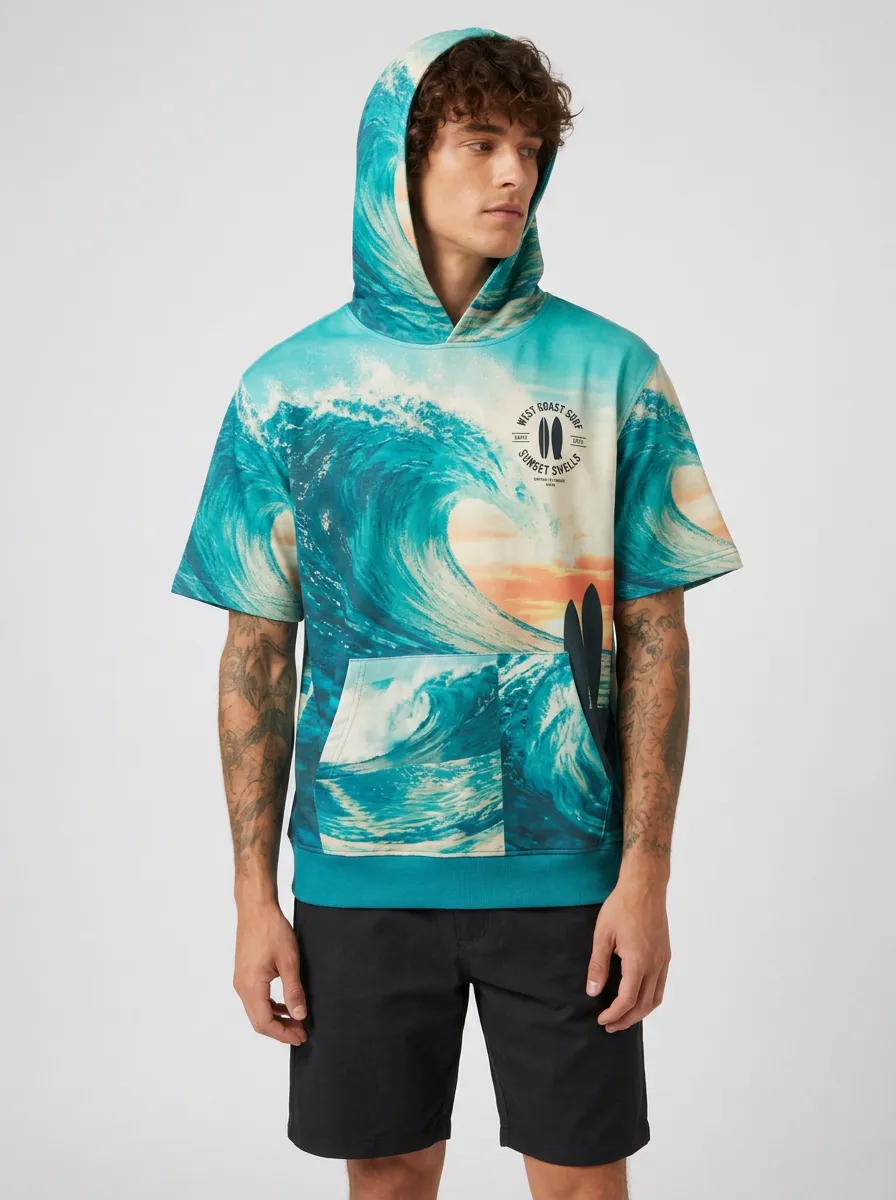 Men's West Coast Surf Ocean Wave Sunset Printed Short Sleeve Hoodie