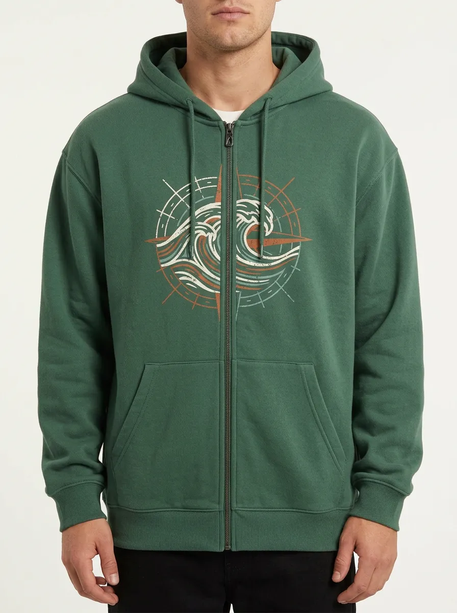 Men's Ocean Surfer Compass Wave Printed Zip-up Hoodie