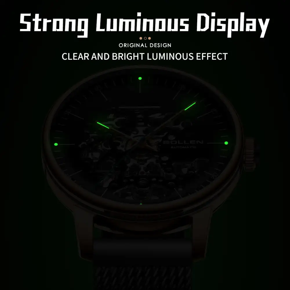 Sollen SL202 Men's Full Skeleton Automatic Mechanical Watch - 42mm Stainless Steel Case Frosted Open Dial Luminous Hands Wristwatch