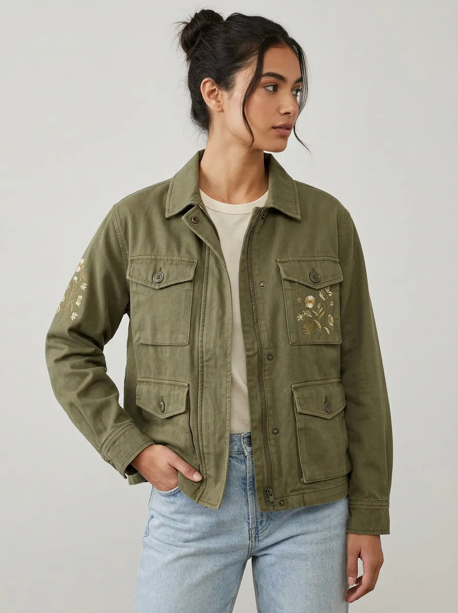 Women's Floral Embroidery Olive Green Utility Printed Jacket