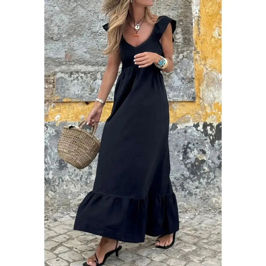 V Neck Ruffled Cap Sleeve Smocked Maxi Dress
