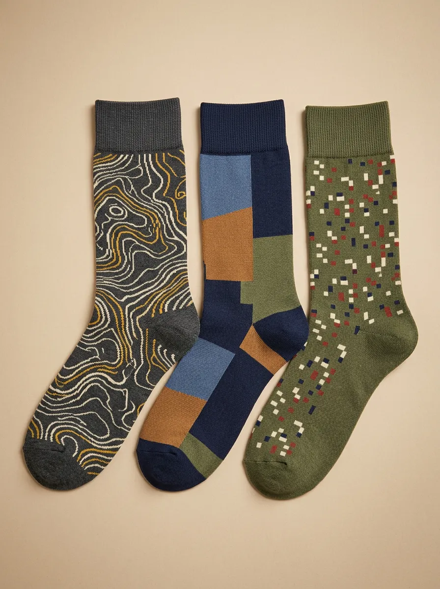 Men's Geometric Abstract Topographic Printed Three Pack Socks Modern Pattern