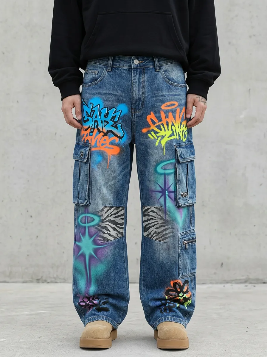 Men's Streetwear Graffiti Zebra Patchwork Graphic Cargo Jeans