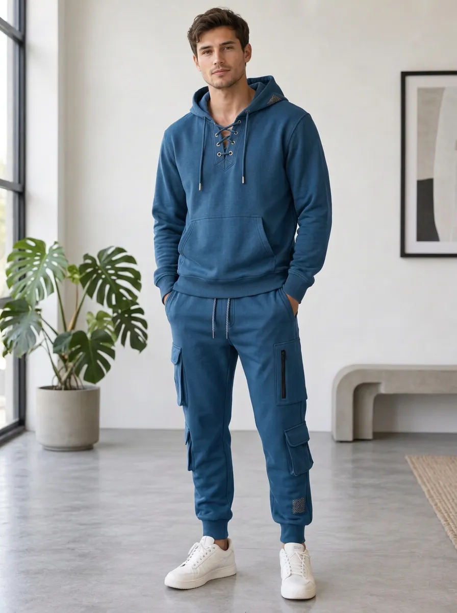 Core Lace-Up Multi Pocket Daily Wear Men's Lace Up Hoodie And Cargo Jogger Set