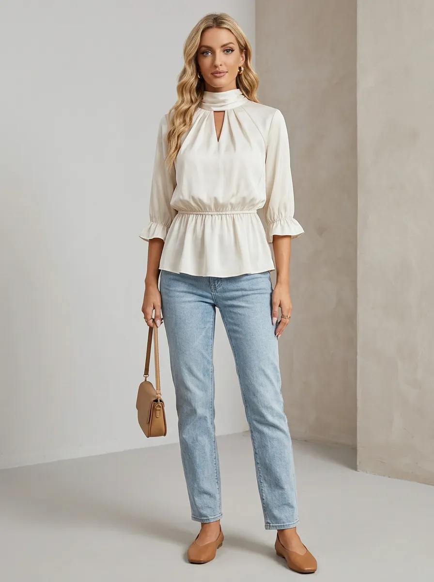 Mock Neck Ruffle Sleeve Peplum Blouse