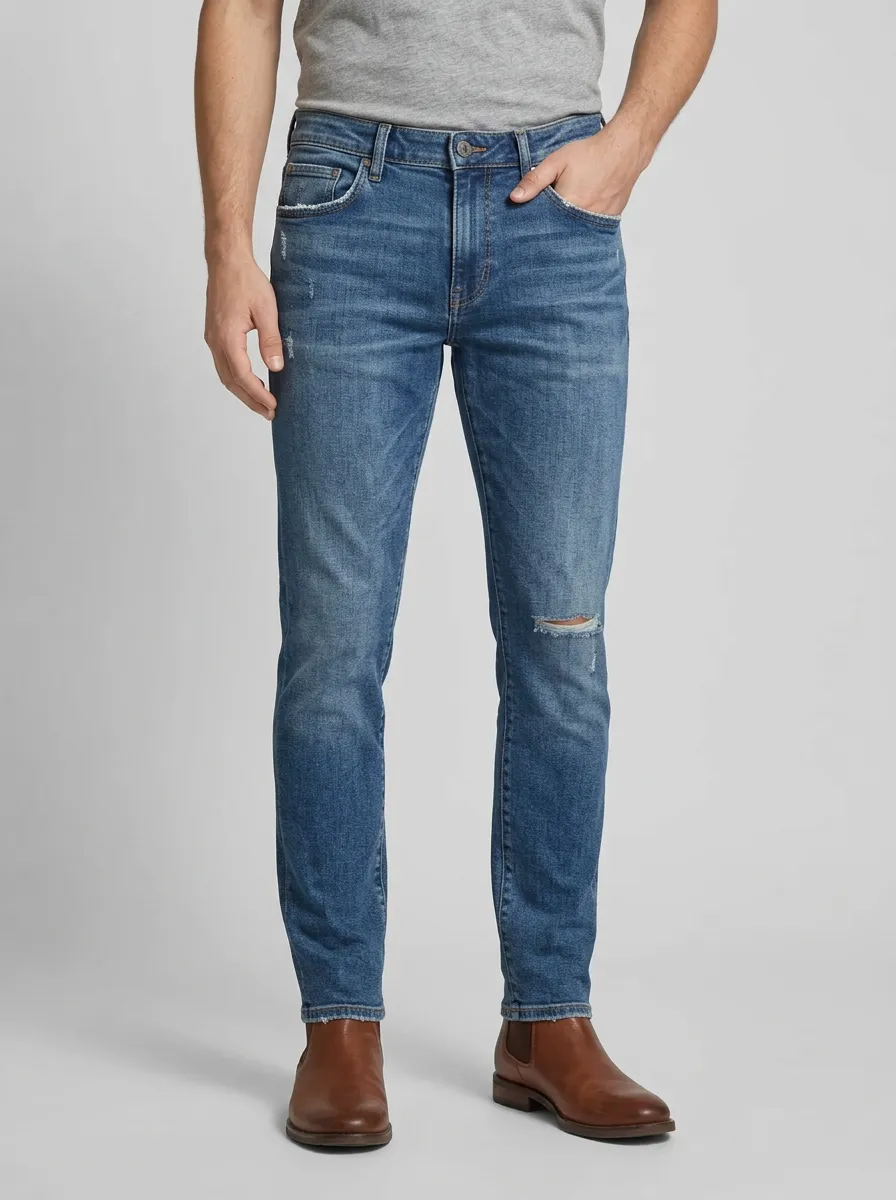 Men's Distressed Blue Denim Ripped Knee Slim-Fit Jeans