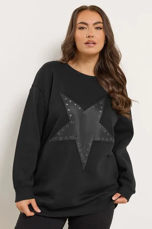 Black Faux Leather Star Eyelet Sweatshirt