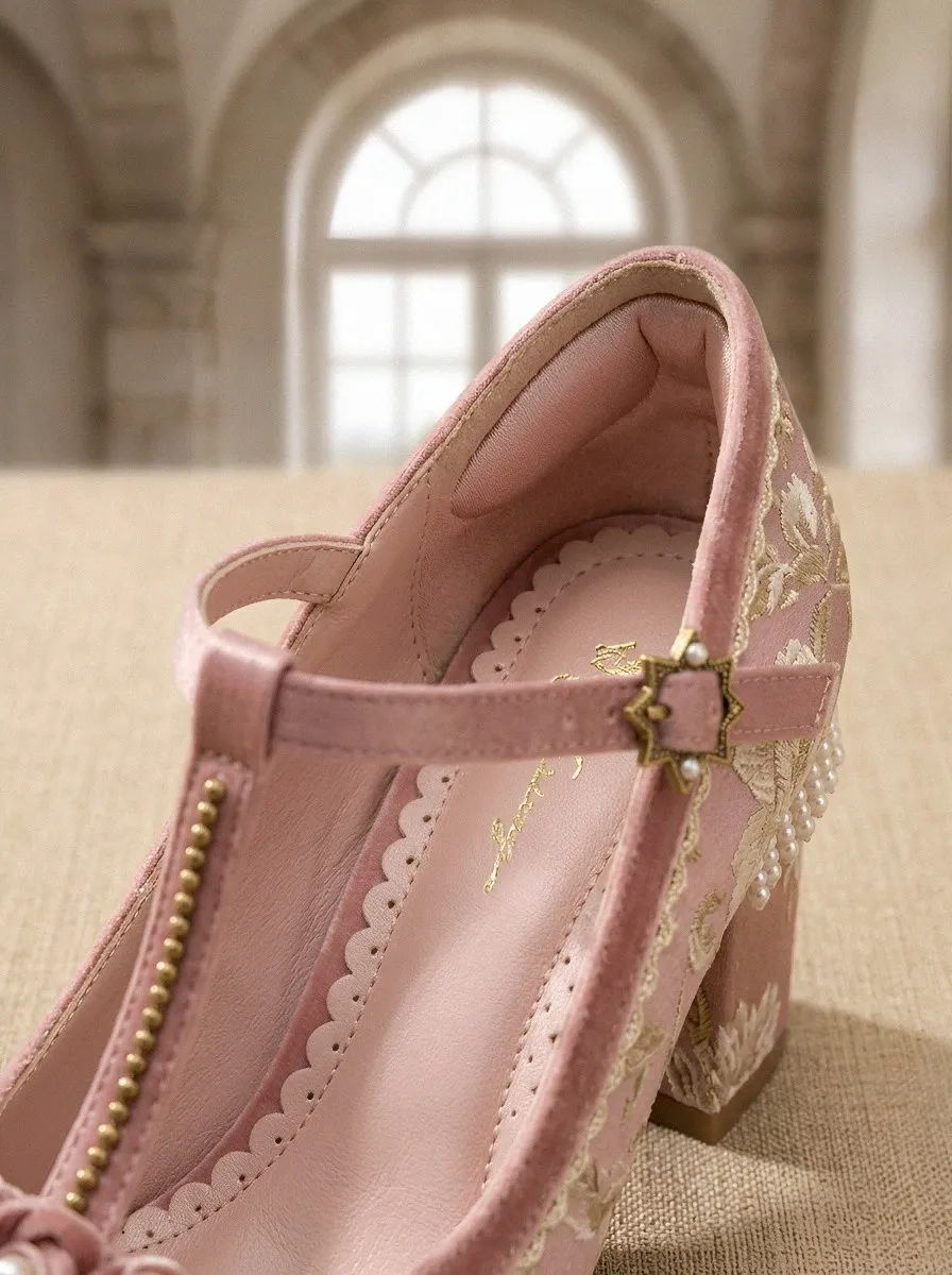 T-Strap Pearl Floral Embroidered Women's Bavarian Occasion Heels