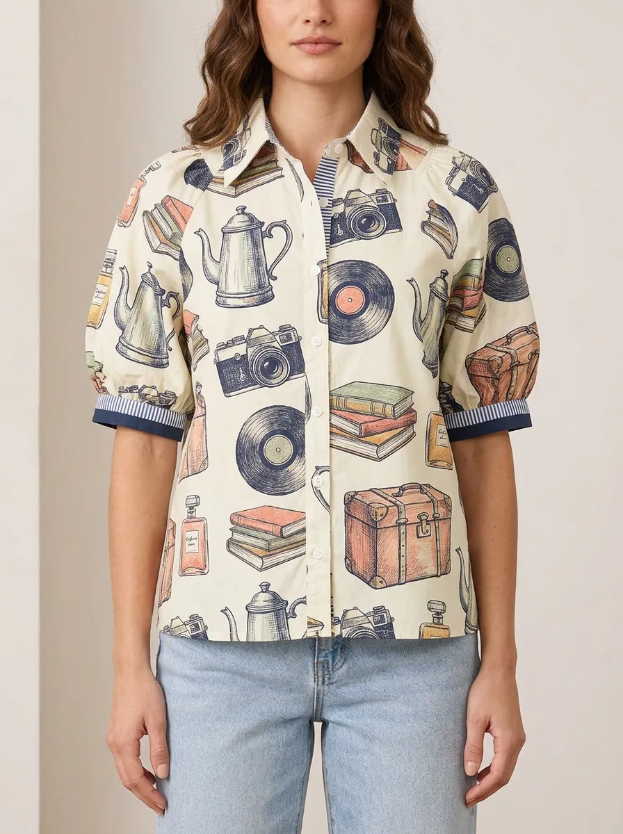 Women's Vintage Hobby Lover Camera Book Vinyl Printed Shirt