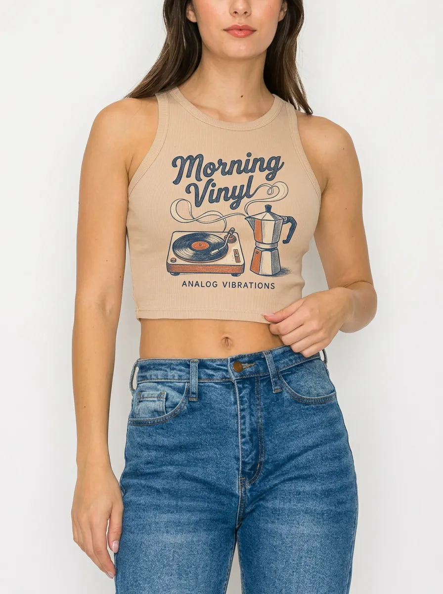 Women's Music Coffee Morning Vinyl Analog Graphic Ribbed Crop Tank Top