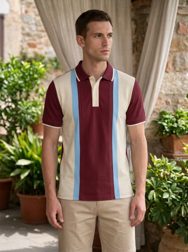 Men's Navy Cream Light Blue Striped Panel Polo Shirt