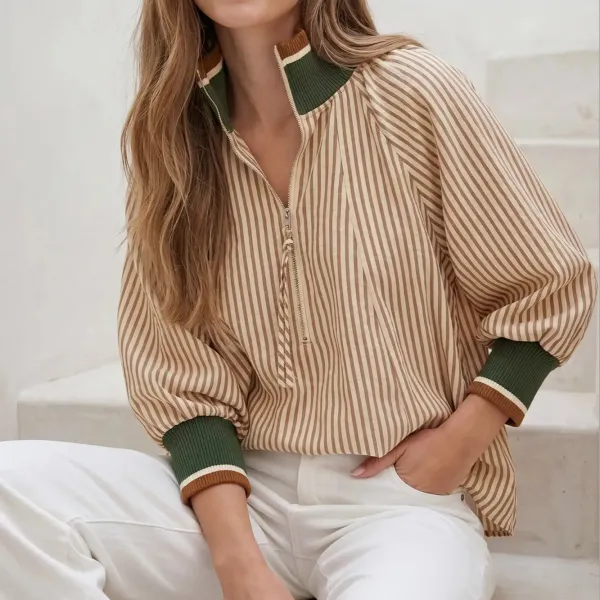 Zipper Front Striped Top