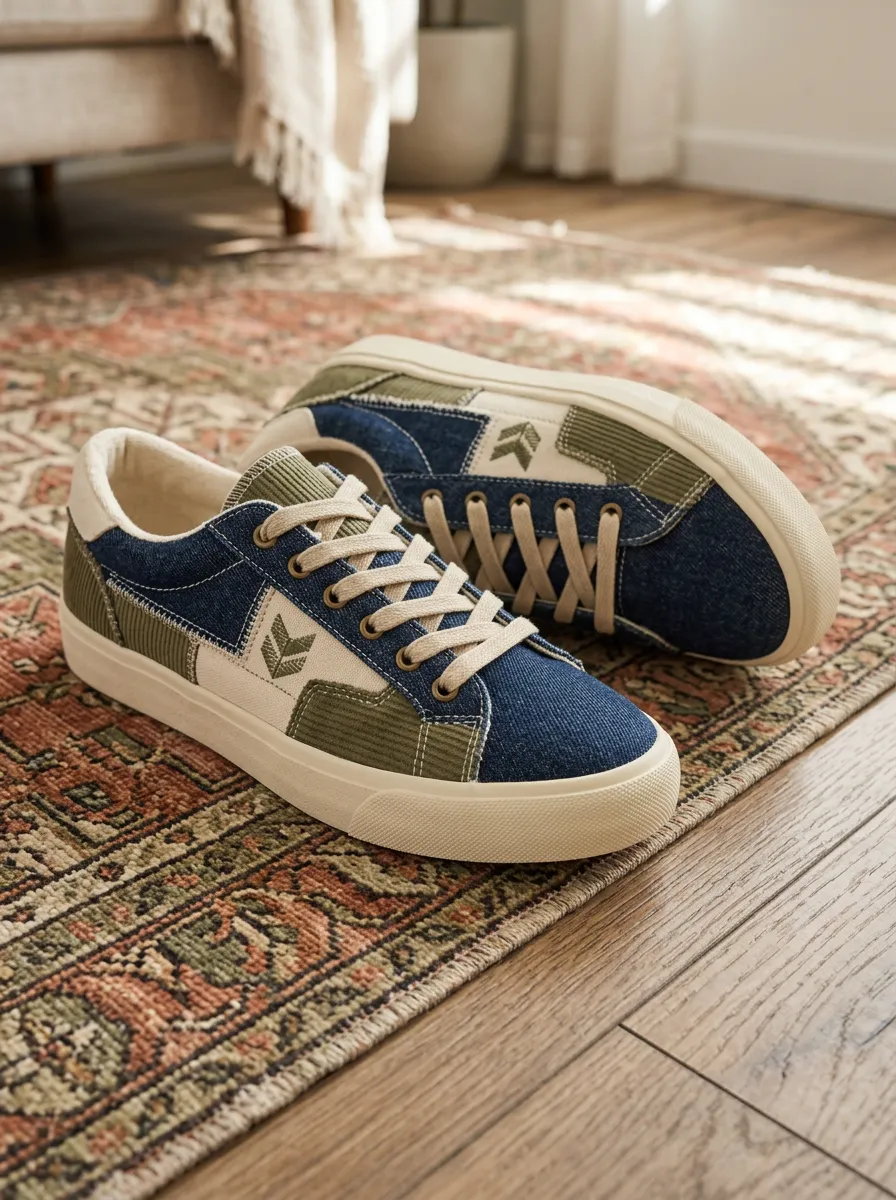 Women's Denim Corduroy Patchwork Printed Sneakers
