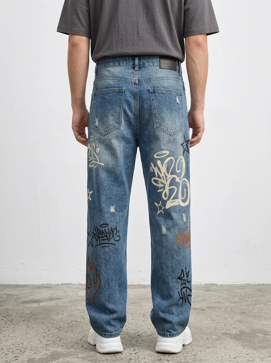 Unisex Urban Streetwear Graffiti Star Flame Jeans