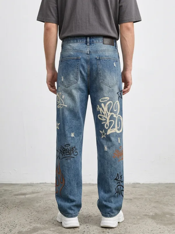 Unisex Urban Streetwear Graffiti Star Flame Jeans