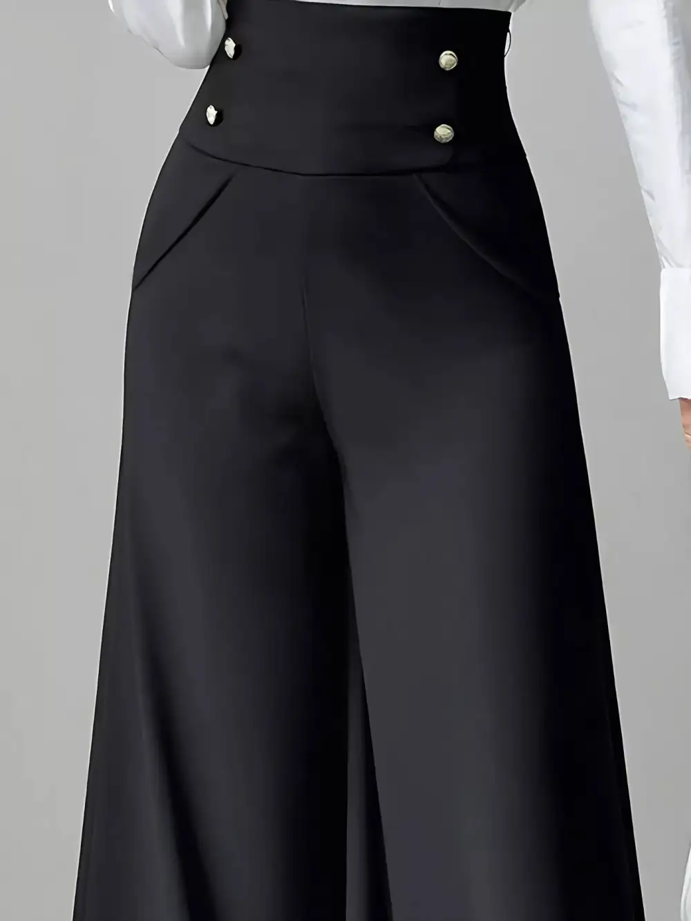 Wide Leg High Waist Button Detail Casual Pants