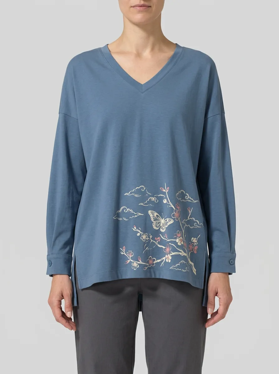 Women's V-Neck Long-Sleeve Top with Floral Graphic