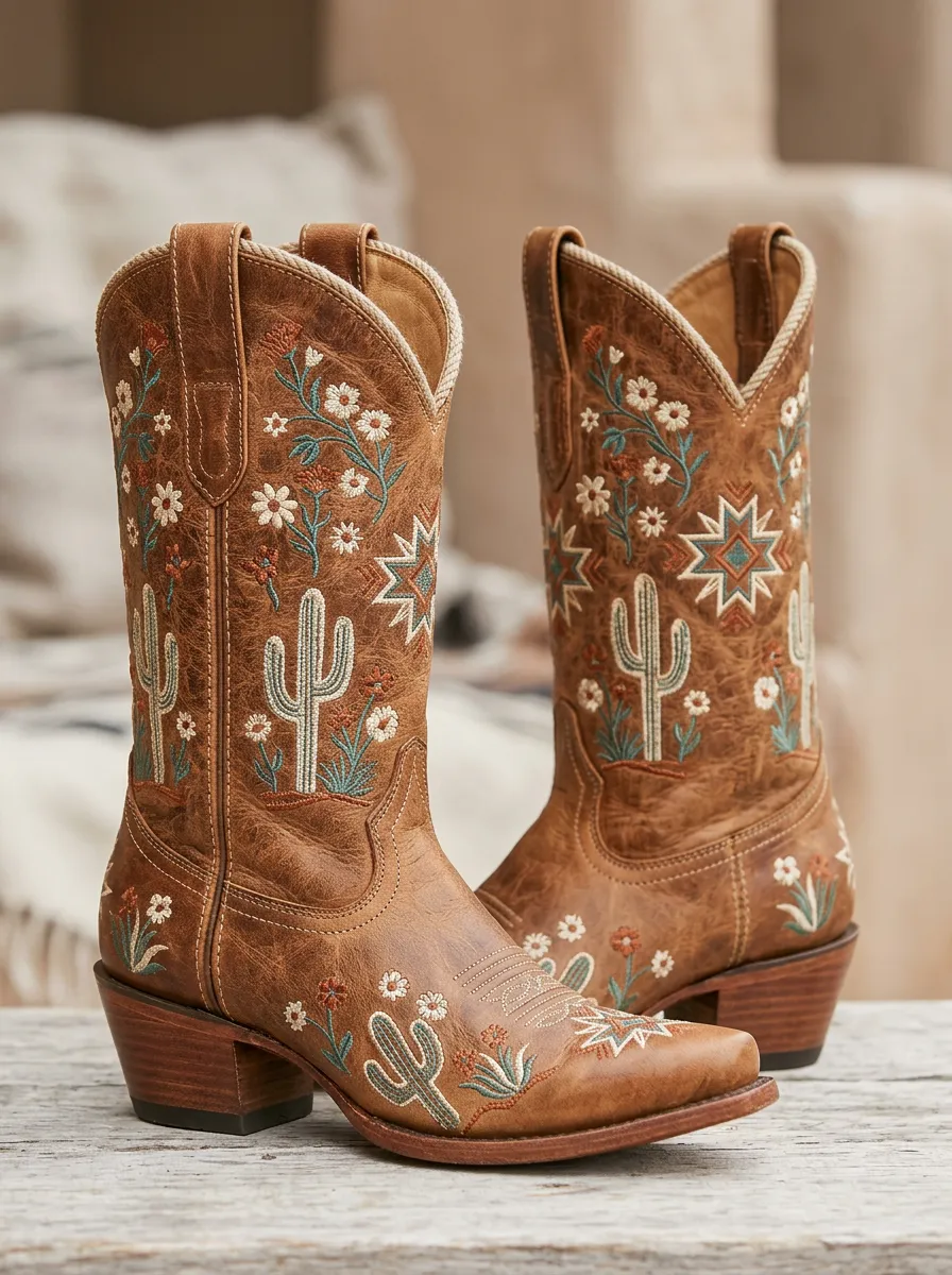 Frontier Cactus Floral Star Statement Unisex Western Cowboy Boots