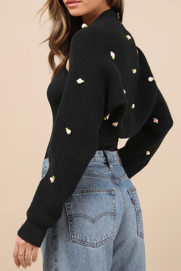 Daily Black Rosette Knit Shrug Cardigan