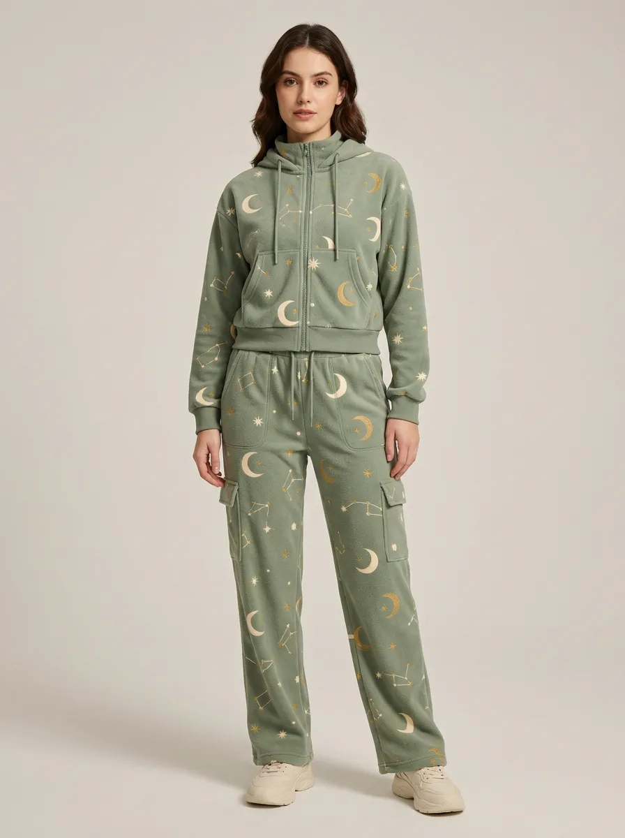 Women's Celestial Print Zip-Up Hoodie And Cargo Jogger Set