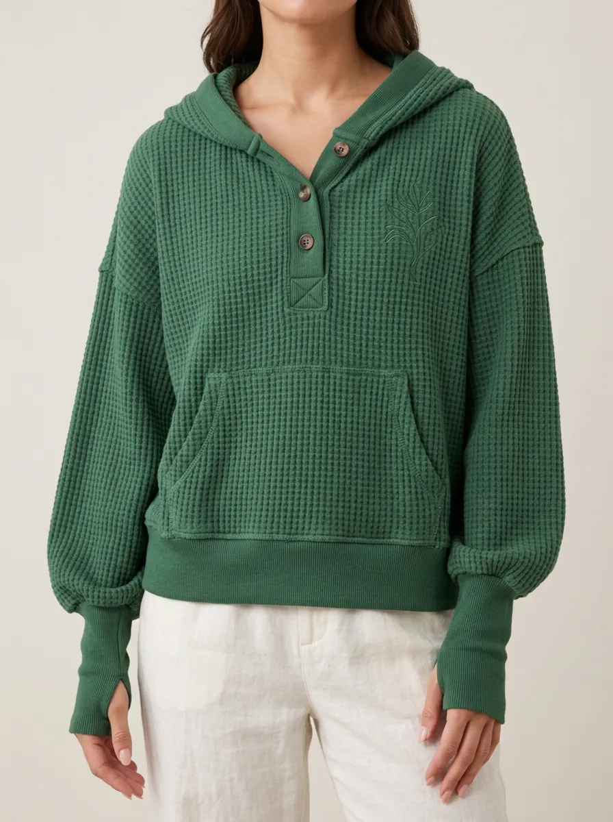 Women's Green Botanical Embroidered Waffle Knit Hooded Top