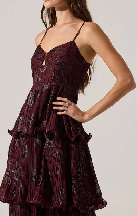 Burgundy Floral Pleated Tiered Maxi Dress