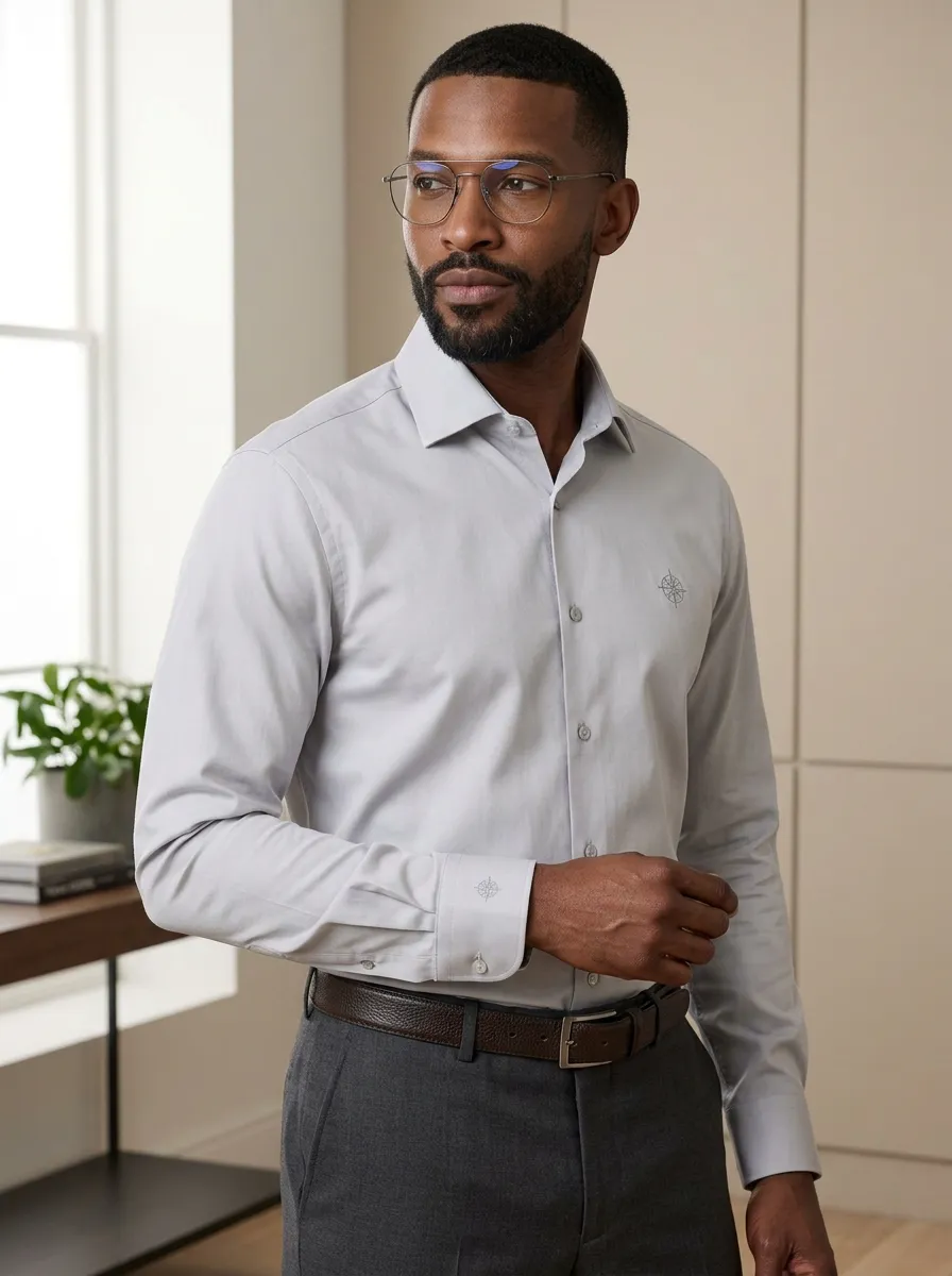 Men's Non-Iron Cotton Compass Logo Embroidered Dress Shirt