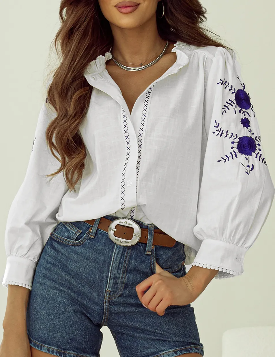 Women's Floral Print Embroidered Bracelet Sleeve Blouse