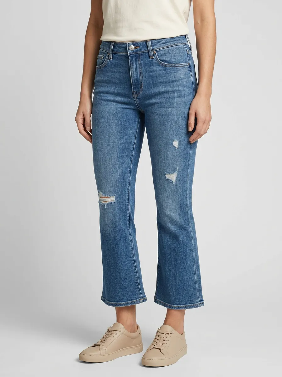 Women's High-Rise Five-Pocket Distressed Cropped Flare Jeans