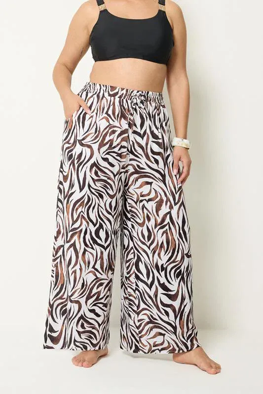 Natural Brown Zebra Print Wide Leg Trousers