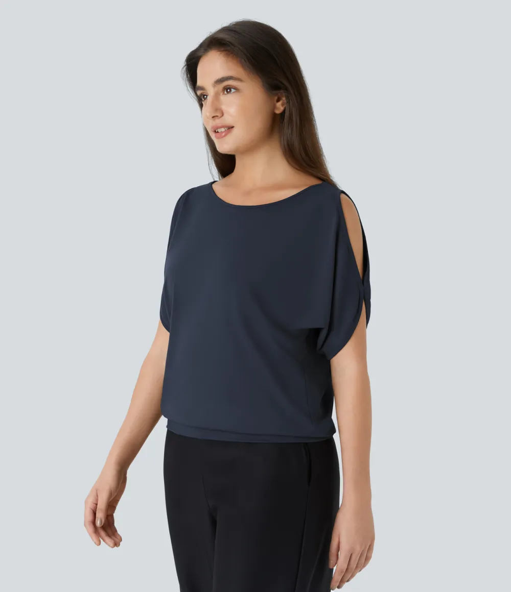 Boat Neck Short Sleeve Cut Out Casual T-Shirt