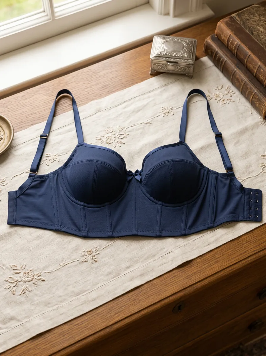 Women's Navy Blue Solid Color Bustier Printed Bra