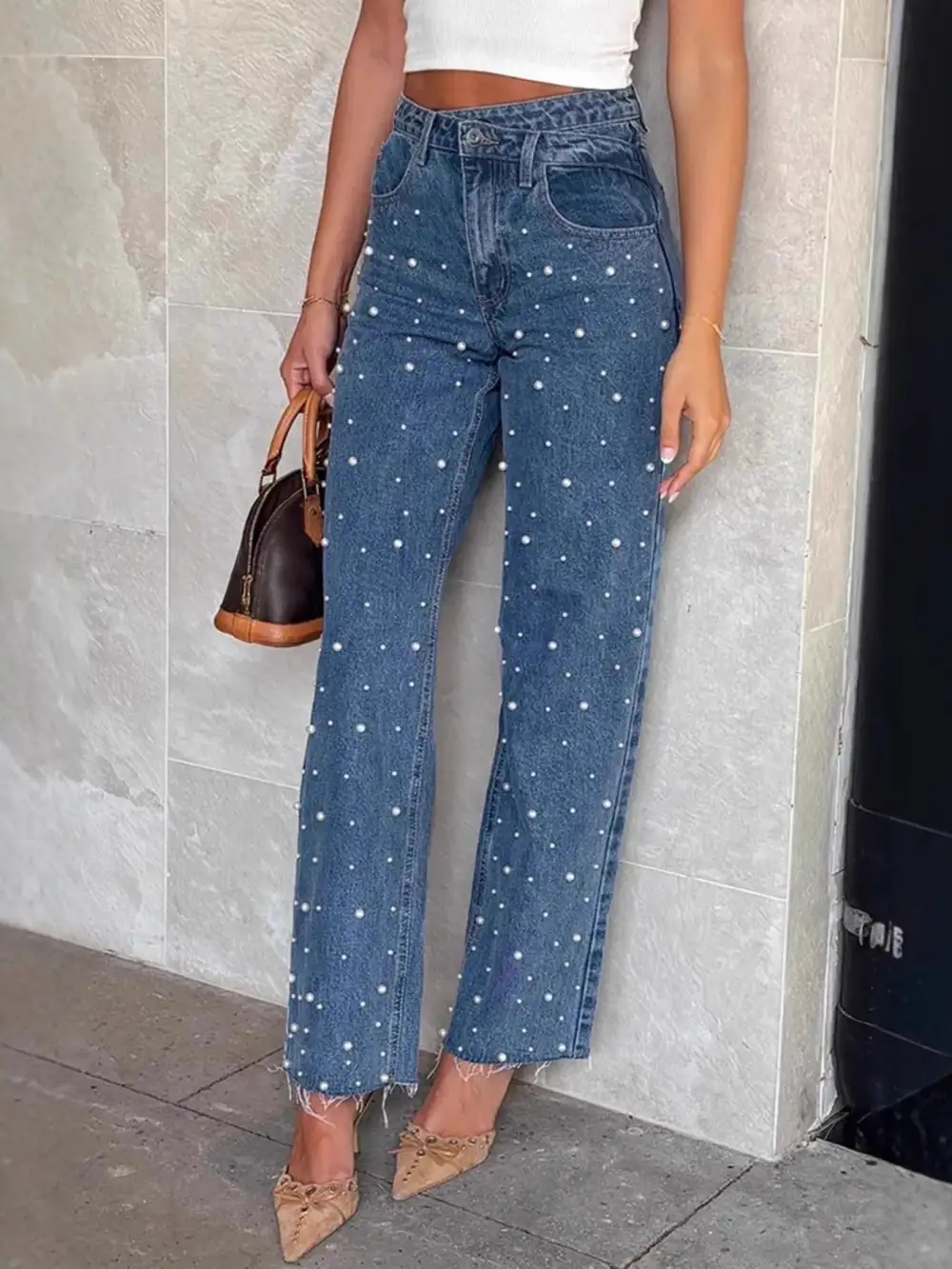 Easygoing High-Waist Washed Pocketed Stretch Straight Leg Jeans