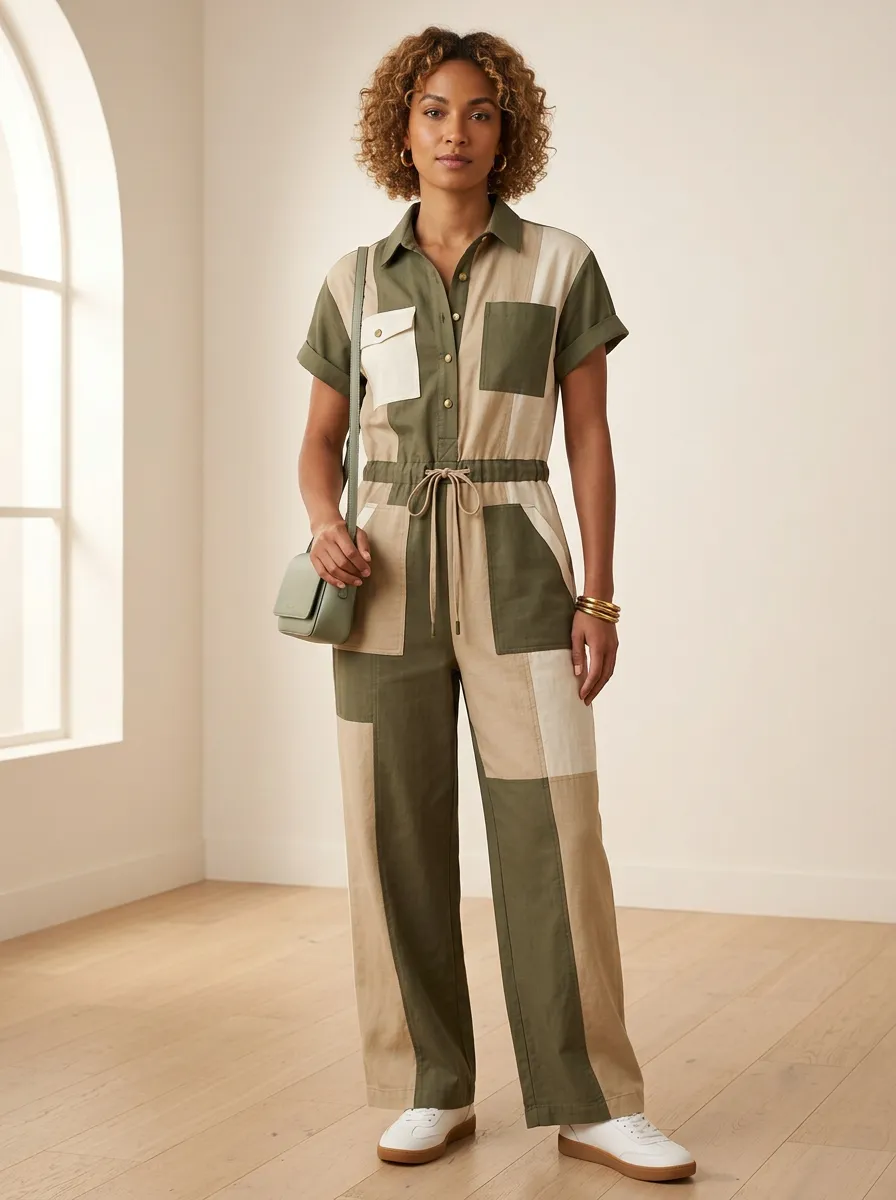 Women's Casual Style Olive Beige Colorblock Patchwork Jumpsuit