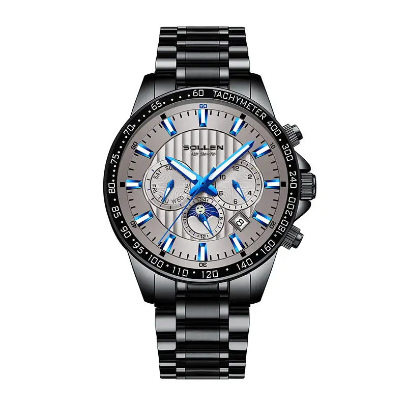 Sollen SL608 Automatic Watch - Men's Multi-Function Moonphase Stainless Steel 5-Bead Bracelet Wristwatch