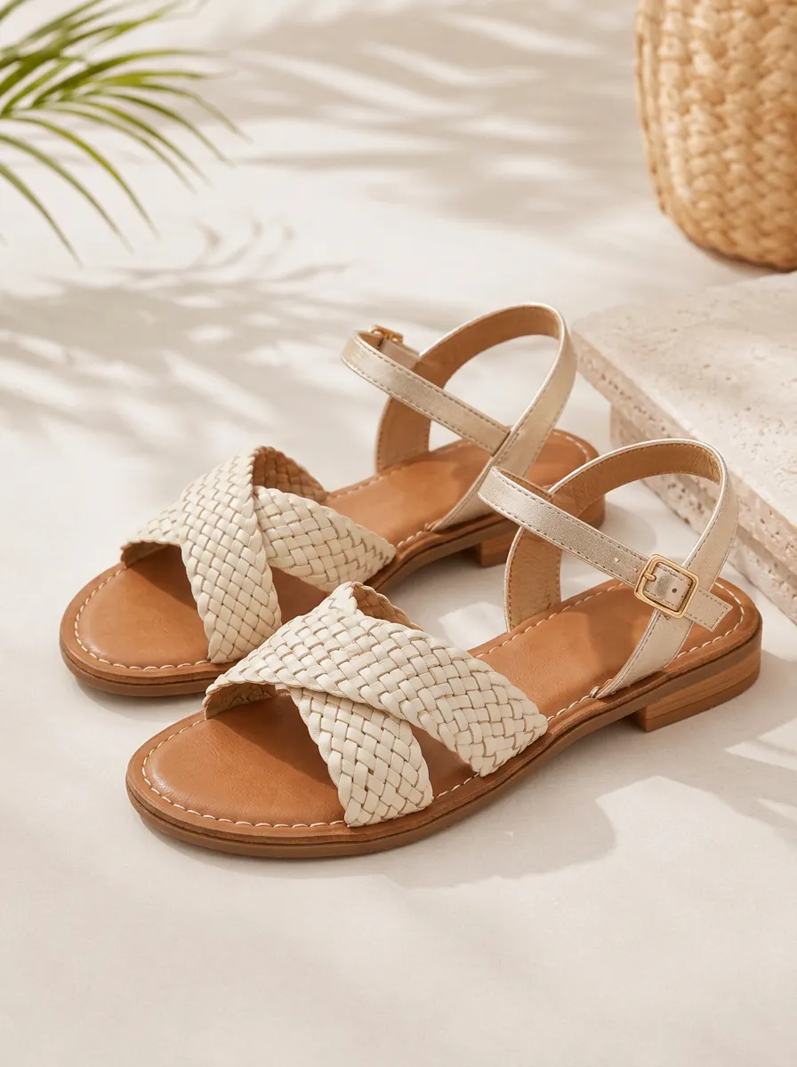 Buckle-Strap Woven Ankle-Strap Women's Summer Sandals