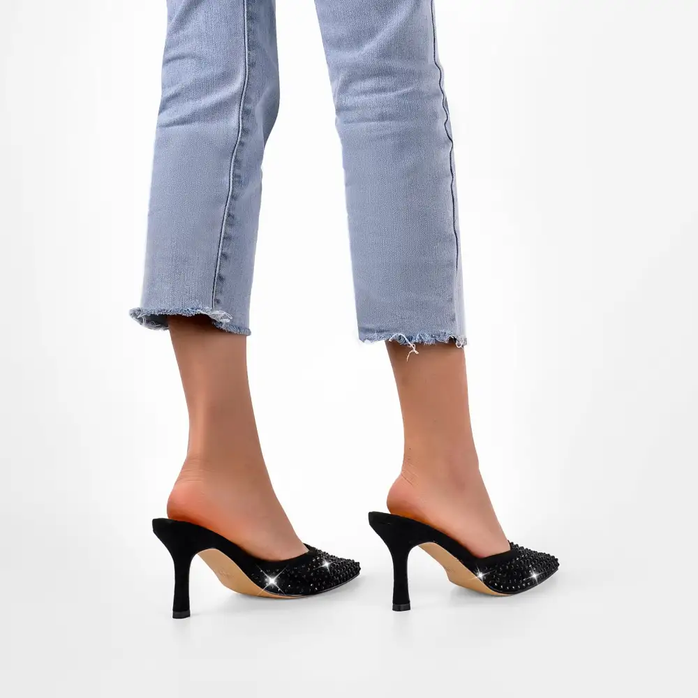 Rhinestone Pointed Toe Stiletto Slip On Heeled Mules