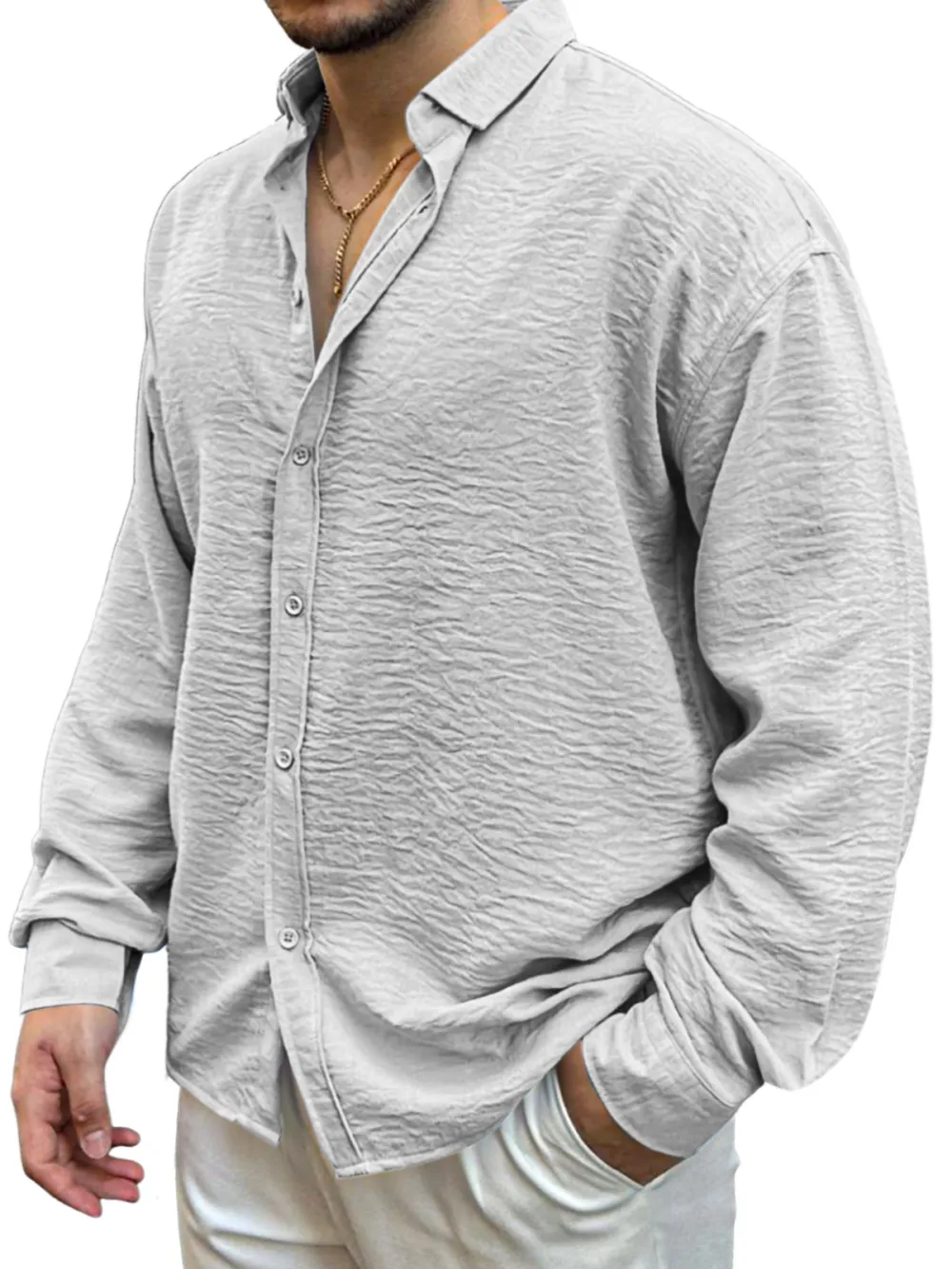 Garment Washed Camp Collar Pleated Front Shirt