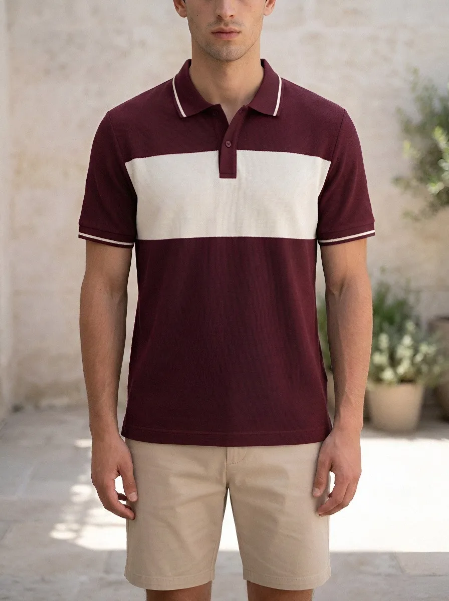 Men's Casual Navy White Colorblock Striped Polo Shirt