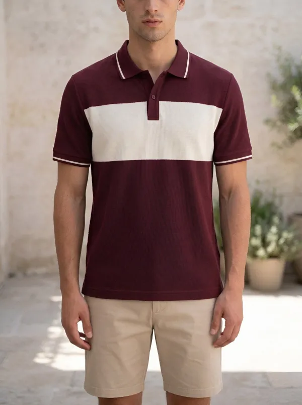 Men's Casual Navy White Colorblock Striped Polo Shirt