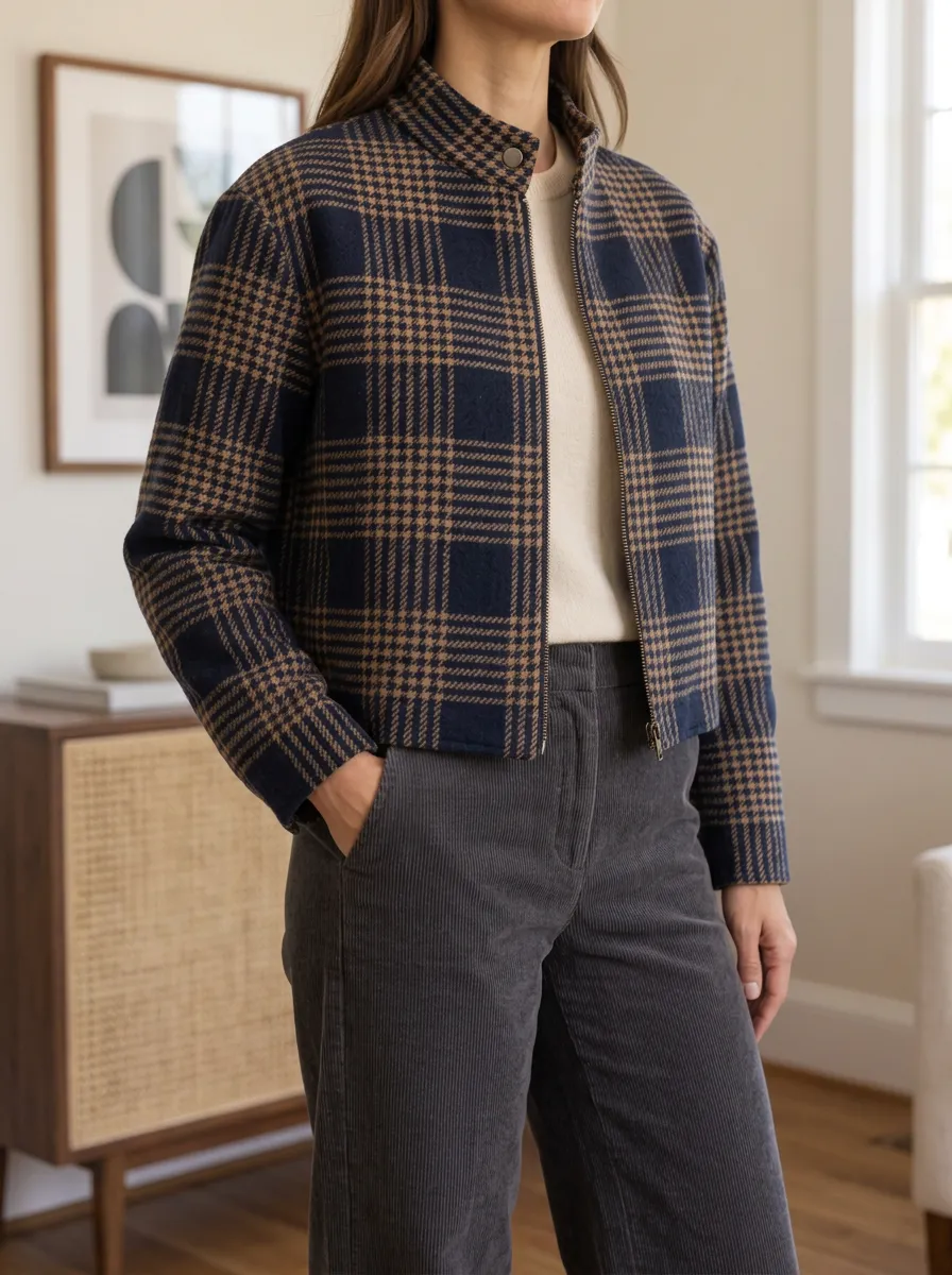 Women's Textured Classic Plaid Stand Collar Cropped Jacket