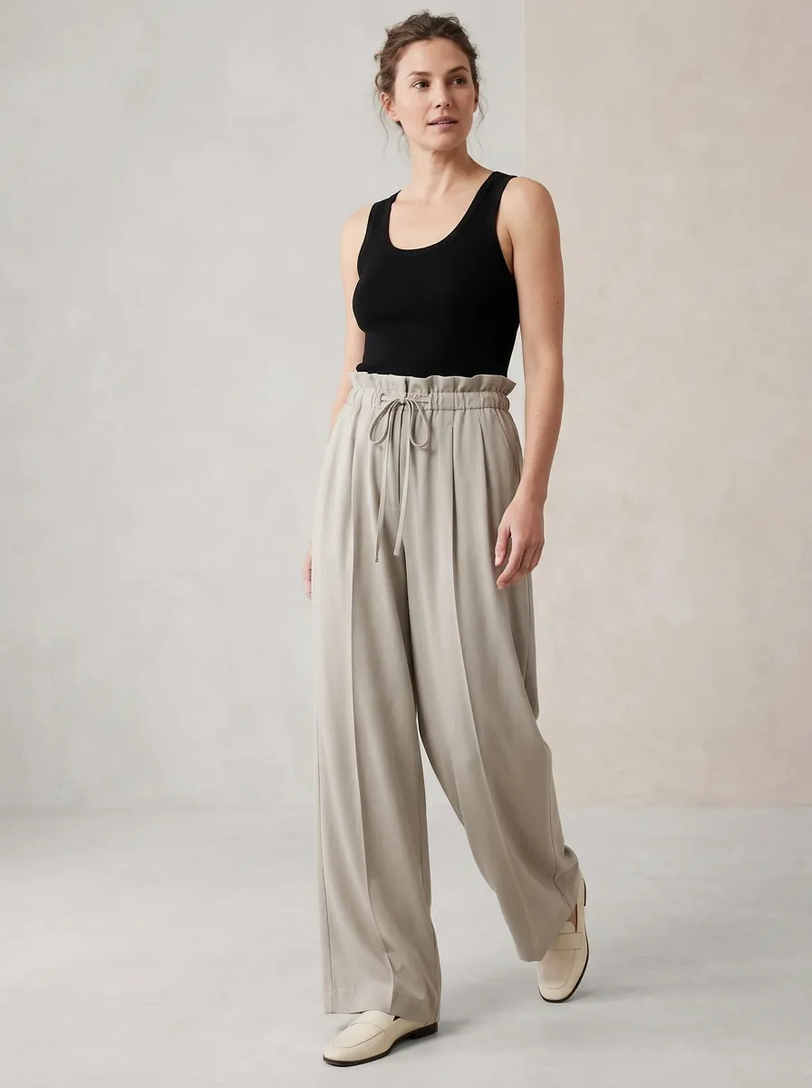 High-Rise Drawstring Casual Wide Leg Pants