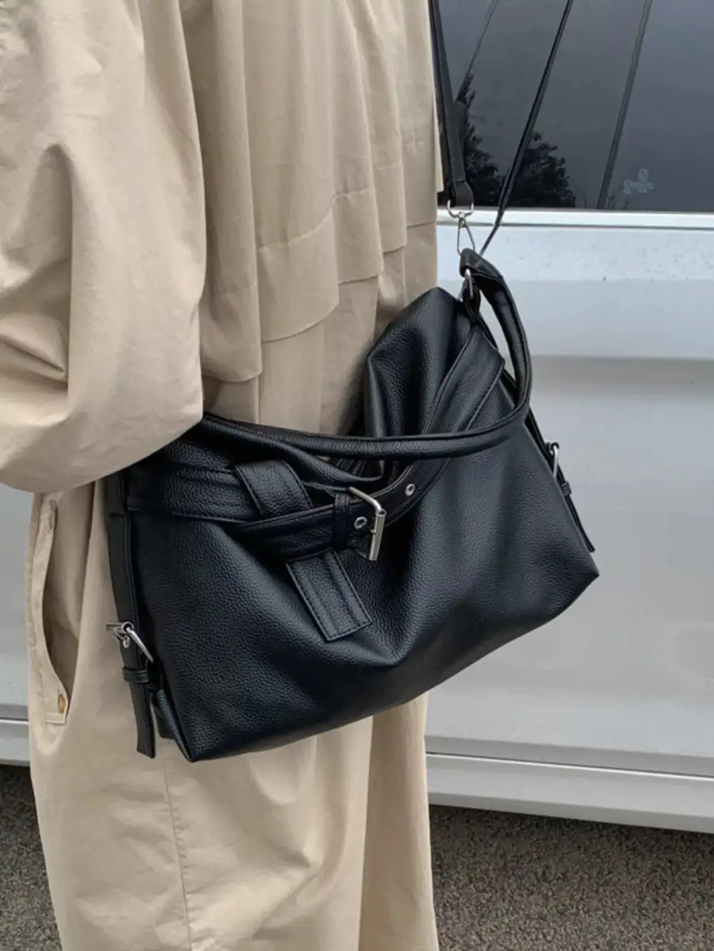 Decorative Buckle Faux Leather Shoulder