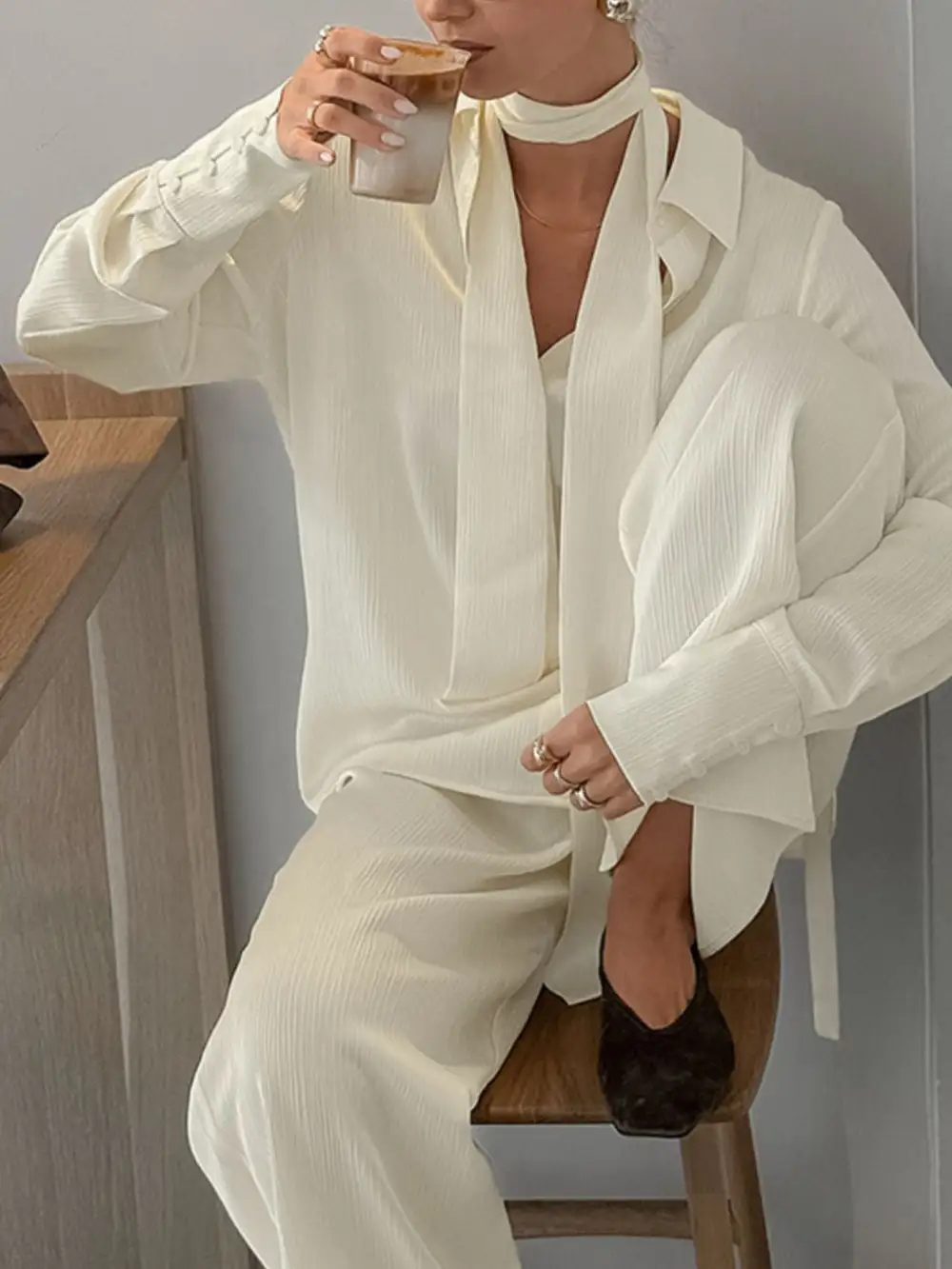 Texture Shirt and Wide Leg Pants Set