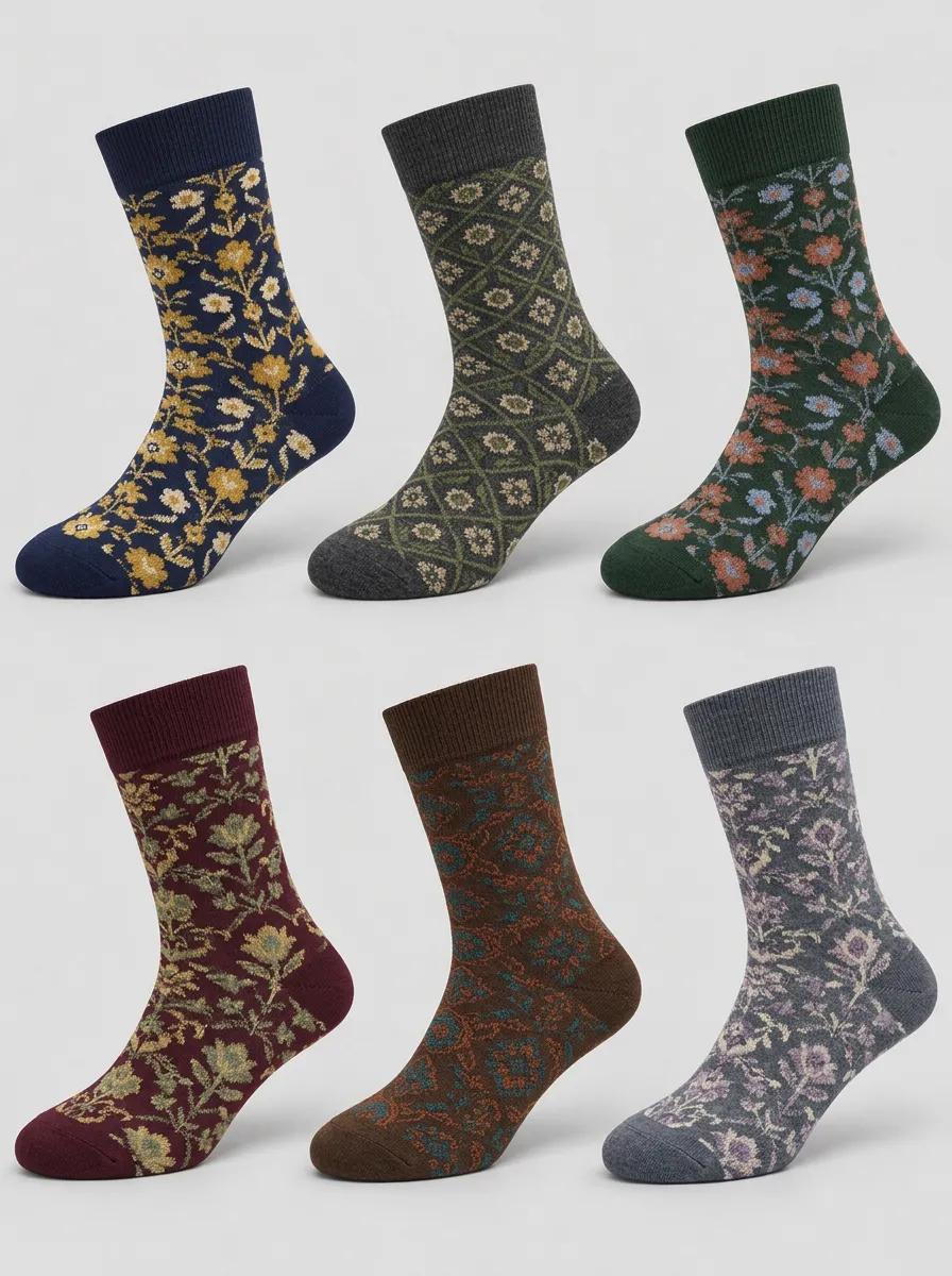 Men's Vintage Floral Pattern Printed Socks 6-Pack