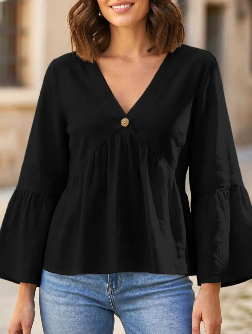 V-Neck Ruffle Sleeve Cotton Top